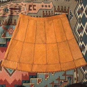 Free People Suede Leather Skirt Crochet Patchwork Scallop Hem Center Back